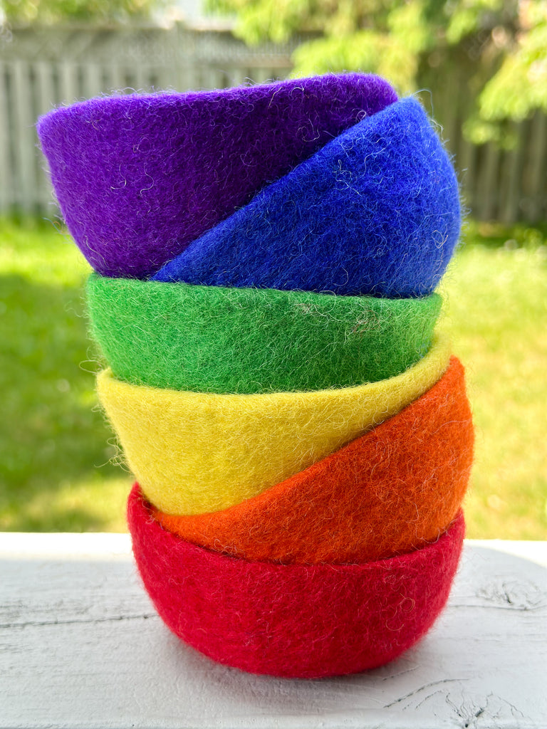 Felt Bowls In Rainbow colours that ca be used for colouring sorting for toddlers and preschool children available from a small shop in Canada 