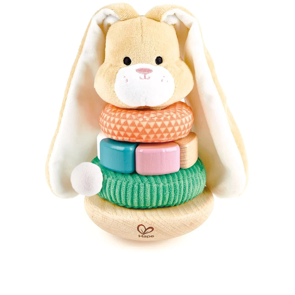 Hape bunny stacker for babies and toddlers. Plush face and play rings. 