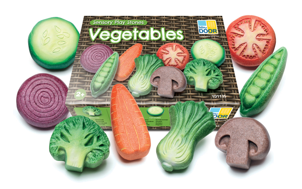 Yellow door vegetable sensory stone toys for a mid kitchen available from a small shop in Canada. 