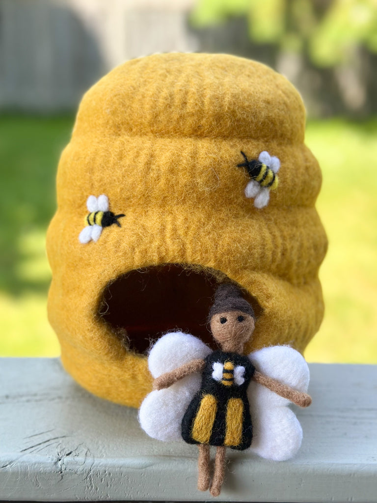 Felt beehive play house for small world Waldorf play or decor. Available from a small shop in Canada. 