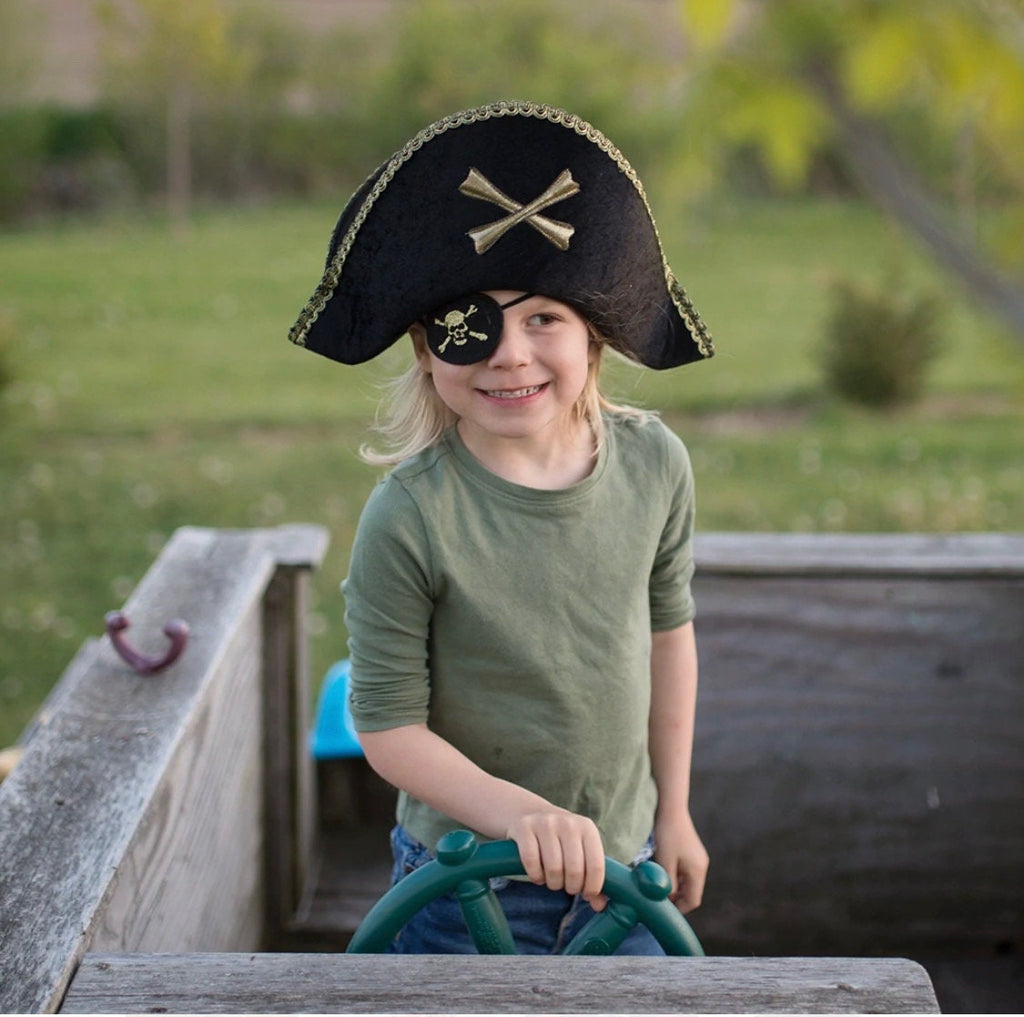 Dress up captain hook pirate hat, black with gold details 