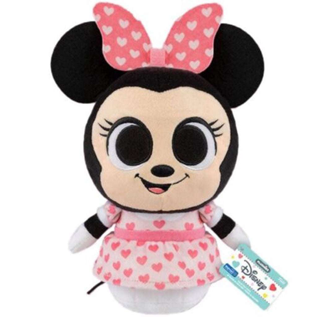 EE exclusive Funko plush valentine Minnie Mouse stuffed animal. Cute pink and white heart bow and dress. 